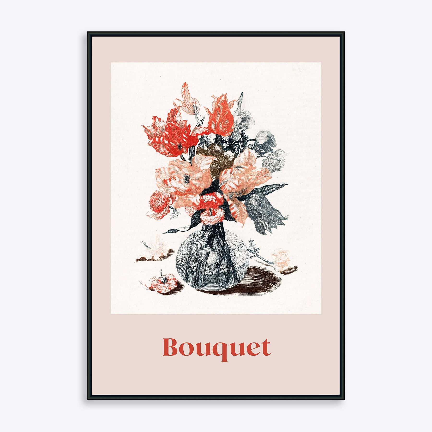 Plakat med en buket blomster i en vase, med teksten "Bouquet" nederst.