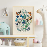 Plakat med sommerfugle i forskellige farver, hængende på et børneværelse med legetøj og dekorationer.