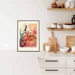 Plakat med farverigt motiv af Great Barrier Reef Enchinoderms, hængende i et moderne køkkenmiljø.