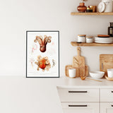 Plakat med illustrationer af blæksprutter, placeret i et moderne køkkenmiljø.