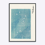 Plakat med svaner i blå nuancer, traditionelt japansk kunstdesign.