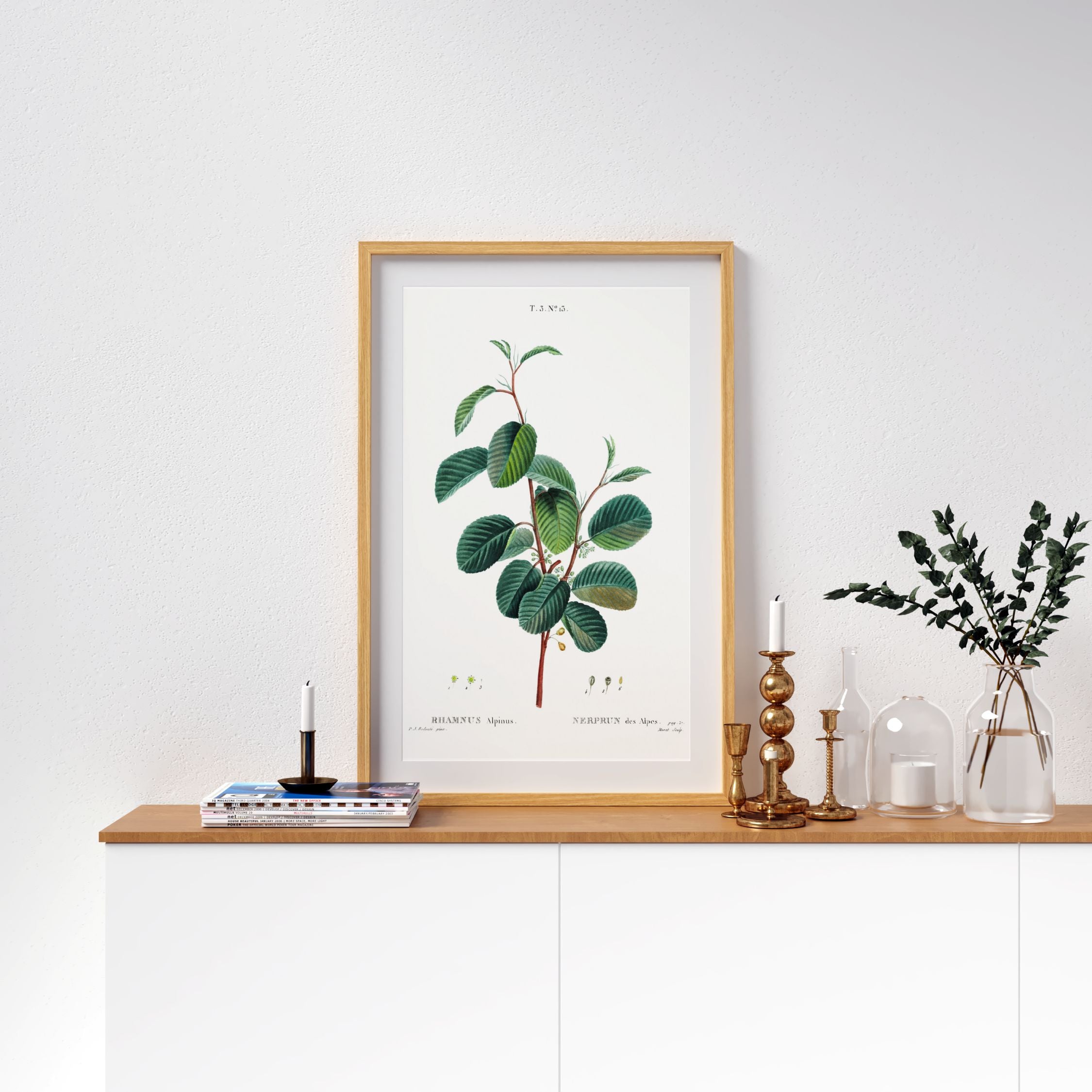 Rhamnus Alpinus plakat i træramme på en hvid skænk med dekorative genstande.
