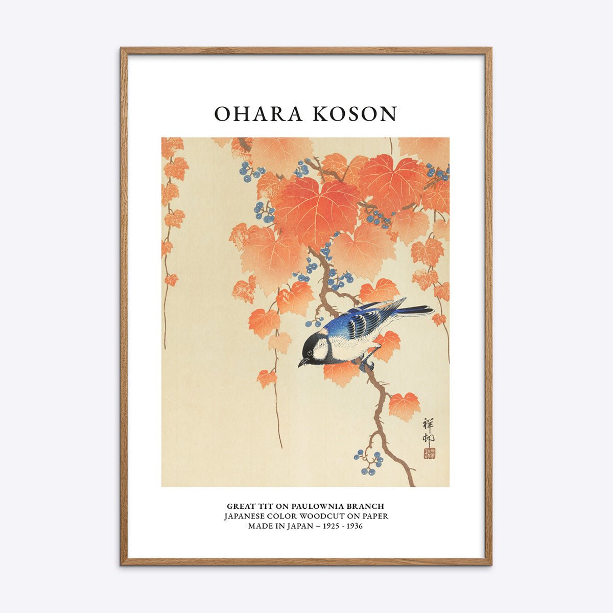 Ohara Koson plakat med motiv af musvit på gren indrammet i natur egetræsramme.