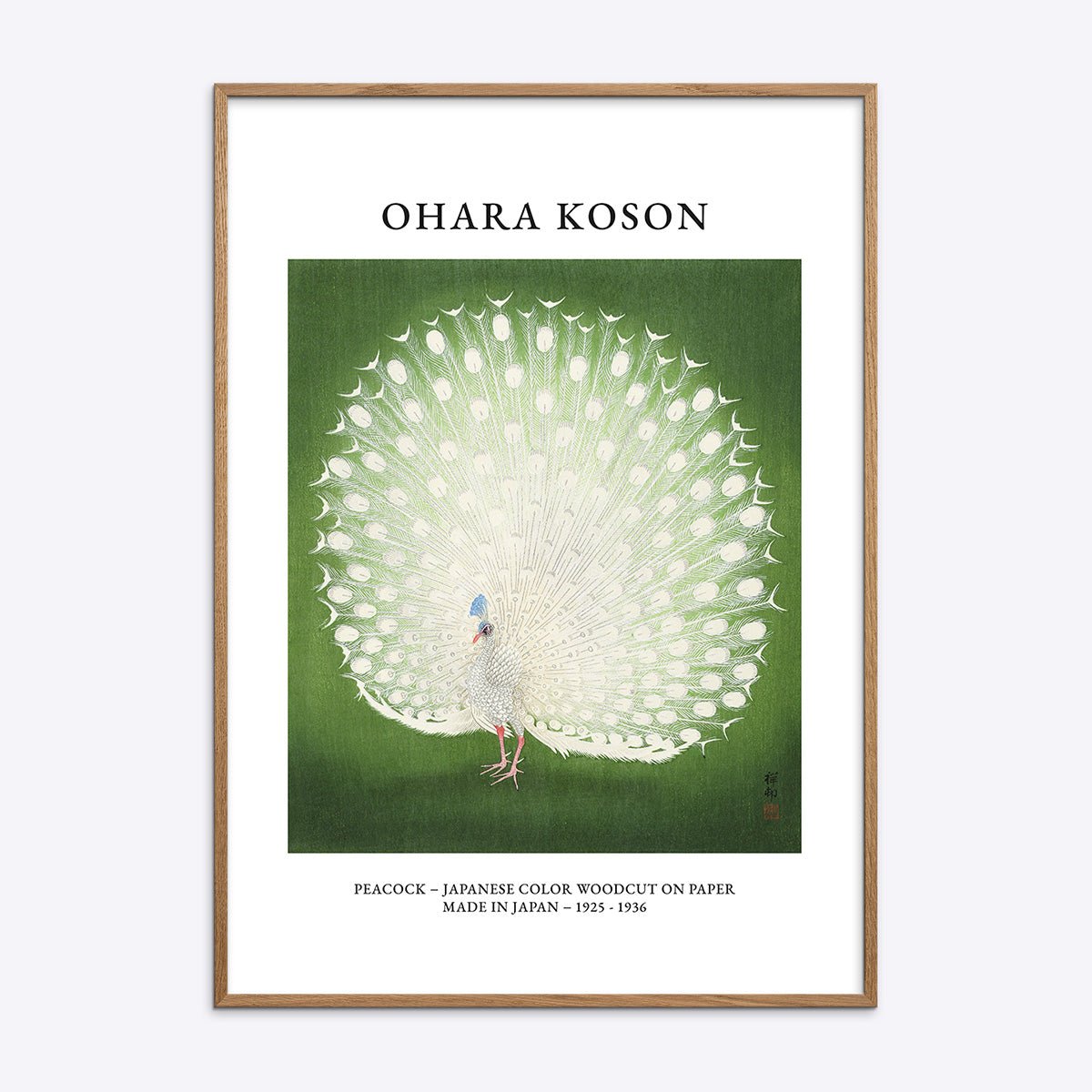 Ohara Koson japansk plakat med hvid påfugl i en natur egetræsramme.
