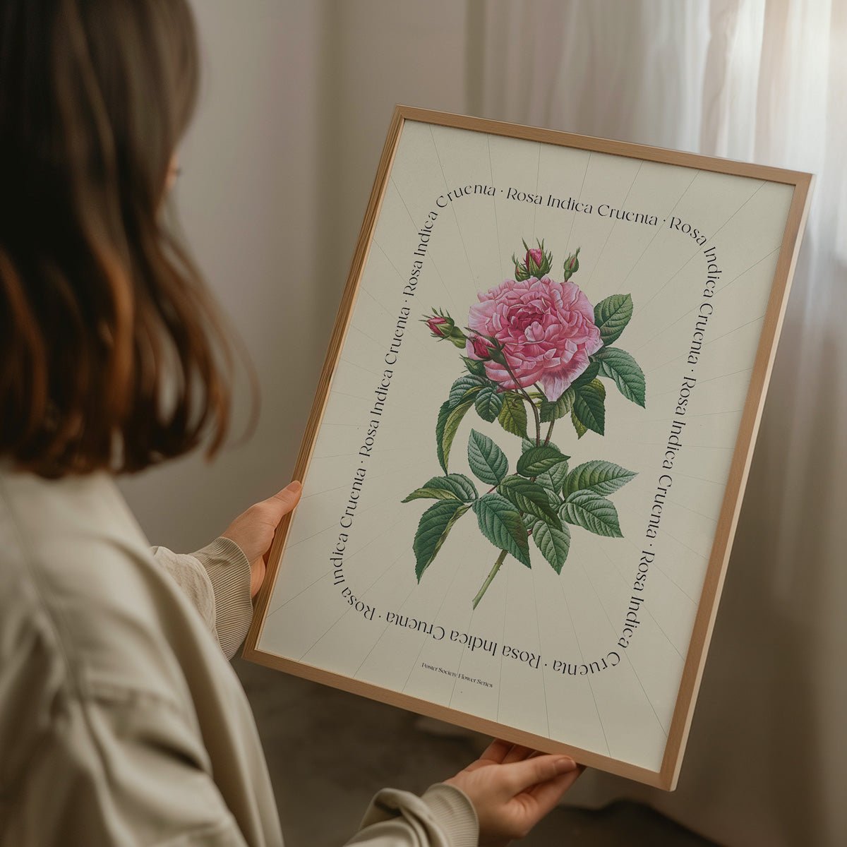 Kvinde holder Flower Series Rosa Indica Cruenta plakat i træramme.