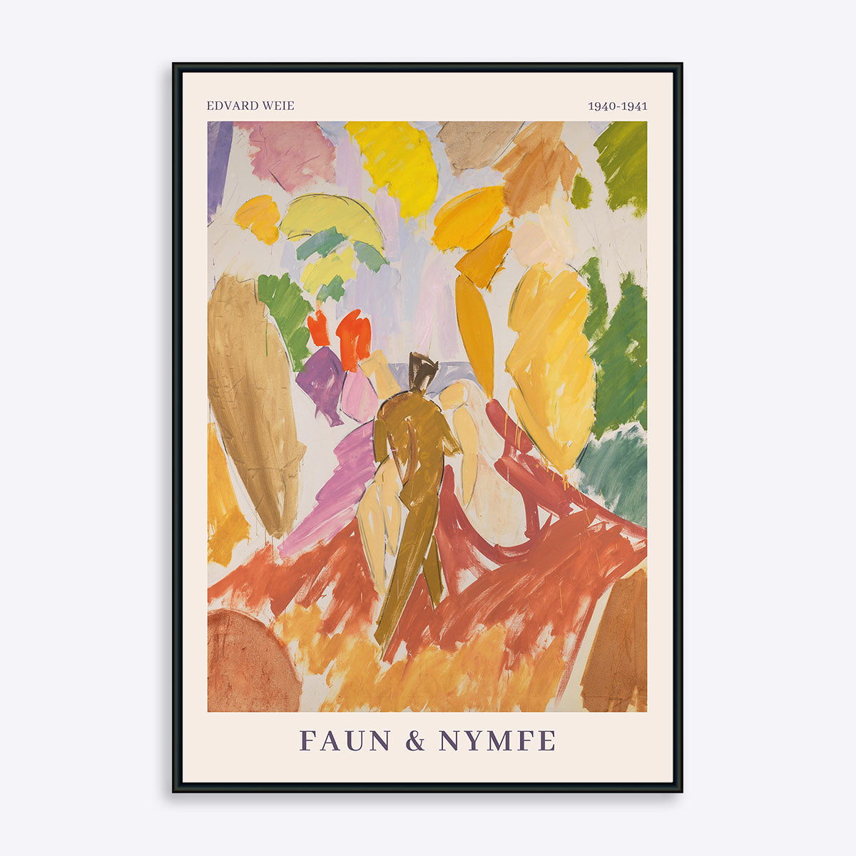Plakat af Edvard Weie med titlen "Faun & Nymfe", viser en farverig abstrakt scene med figurer og natur.