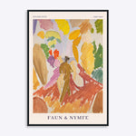 Plakat af Edvard Weie med titlen "Faun & Nymfe", viser en farverig abstrakt scene med figurer og natur.