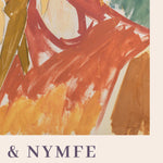 Plakat med abstrakt kunst i varme farver, der viser en faun og en nymfe.