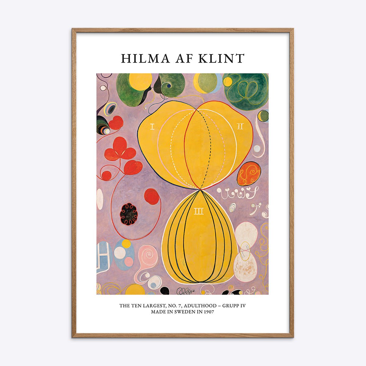 Farverig og abstrakt plakat Hilma af Klint The Ten Largest Adulthood No7 i egetræsramme