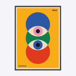 Bauhaus plakat i sort træramme med geometriske former og årstallet 1923.