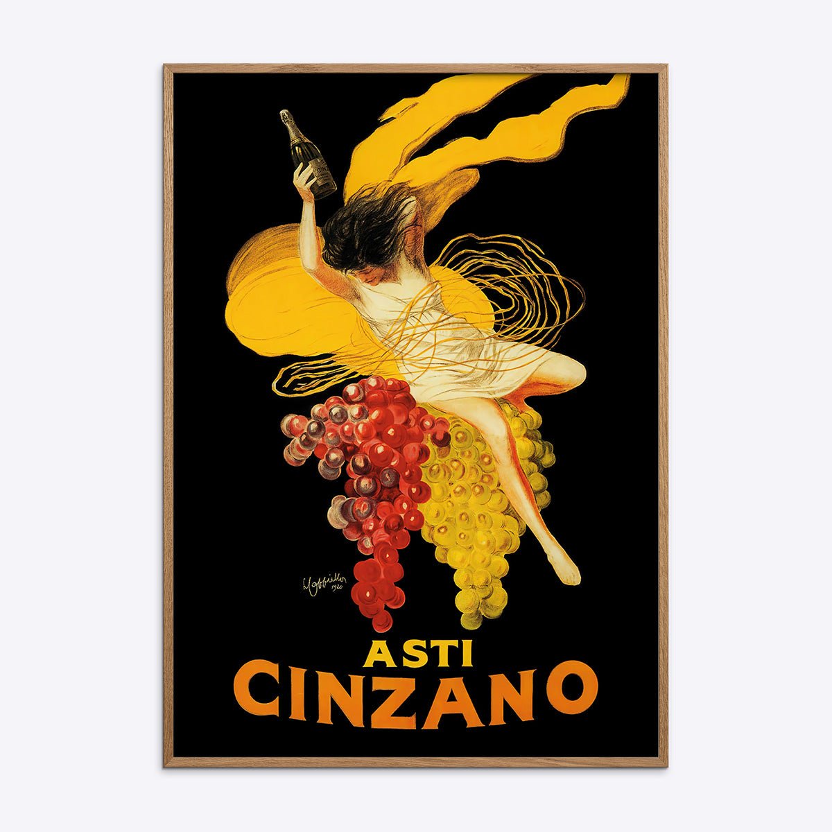 Plakat af Leonetto Cappiello med Asti Cinzano motiv i naturtræsramme, ideel til vintage kunstelskere.