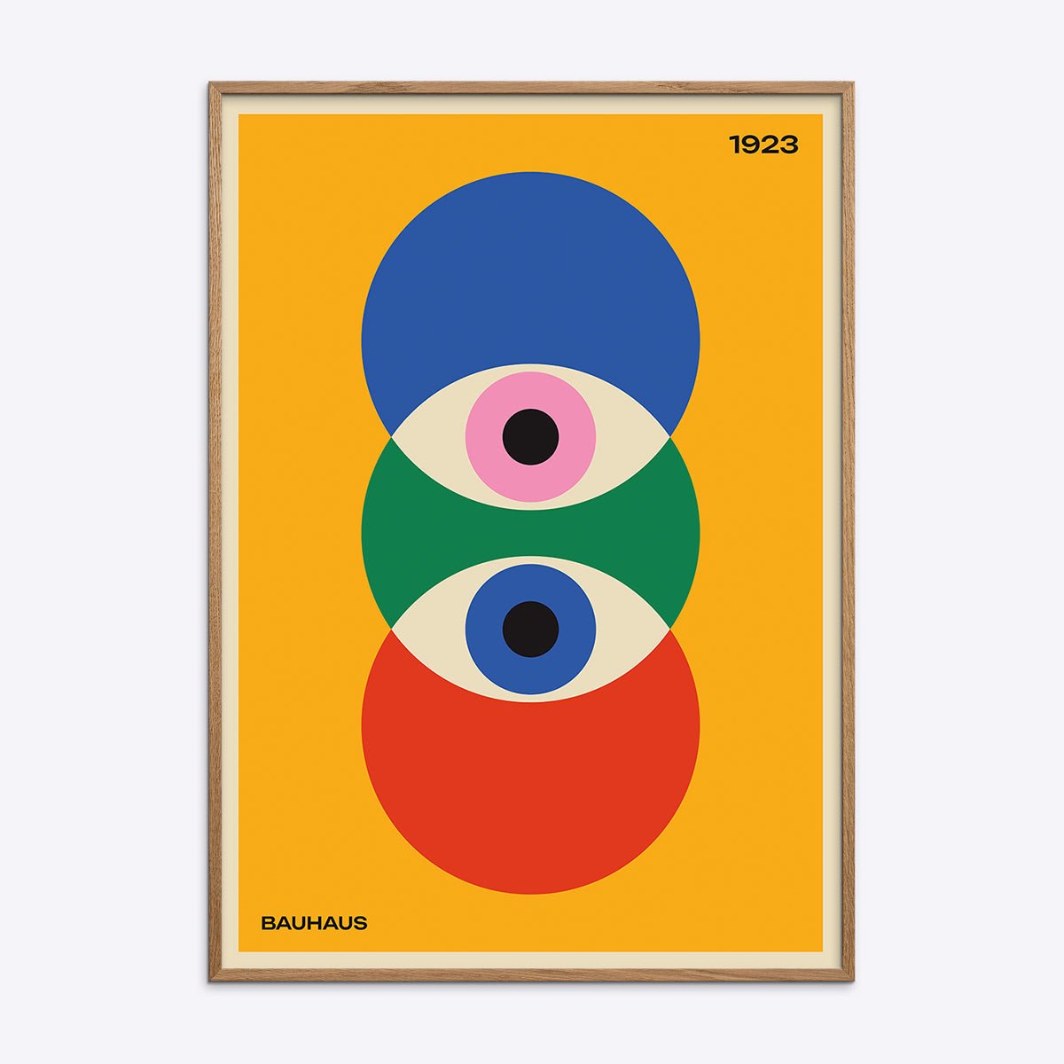 Bauhaus plakat i egetræsramme med farverige geometriske former og årstallet 1923.