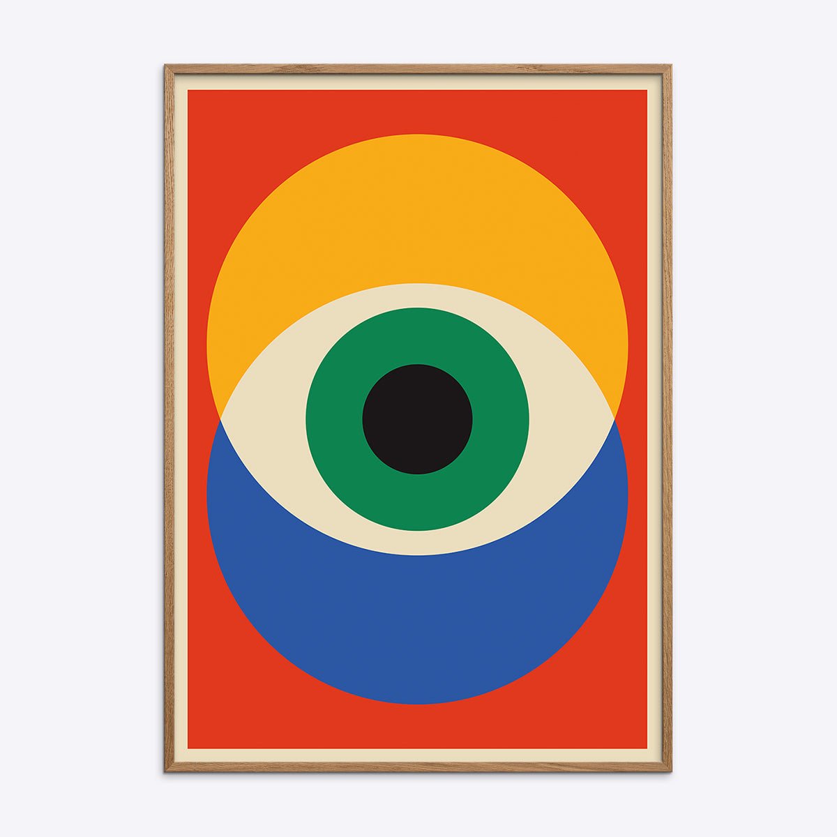 Bauhaus plakat i træramme med geometriske former og farver, ideel til moderne indretning og kunstelskere.