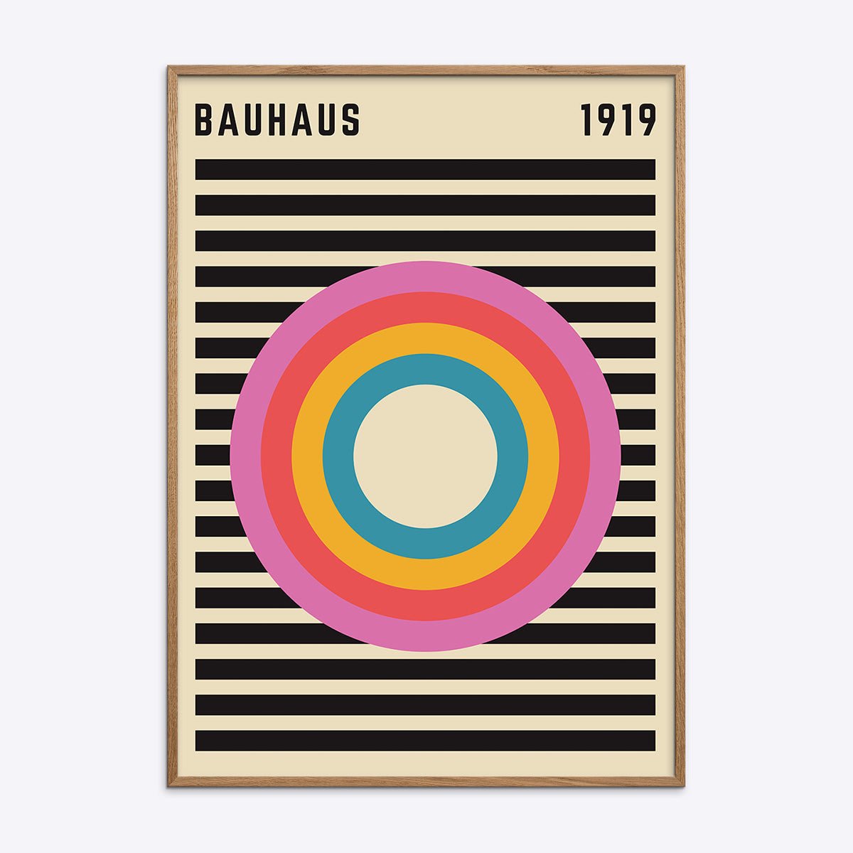 Bauhaus plakat i egetræsramme med geometriske former og farver, moderne kunst til hjemmet.
