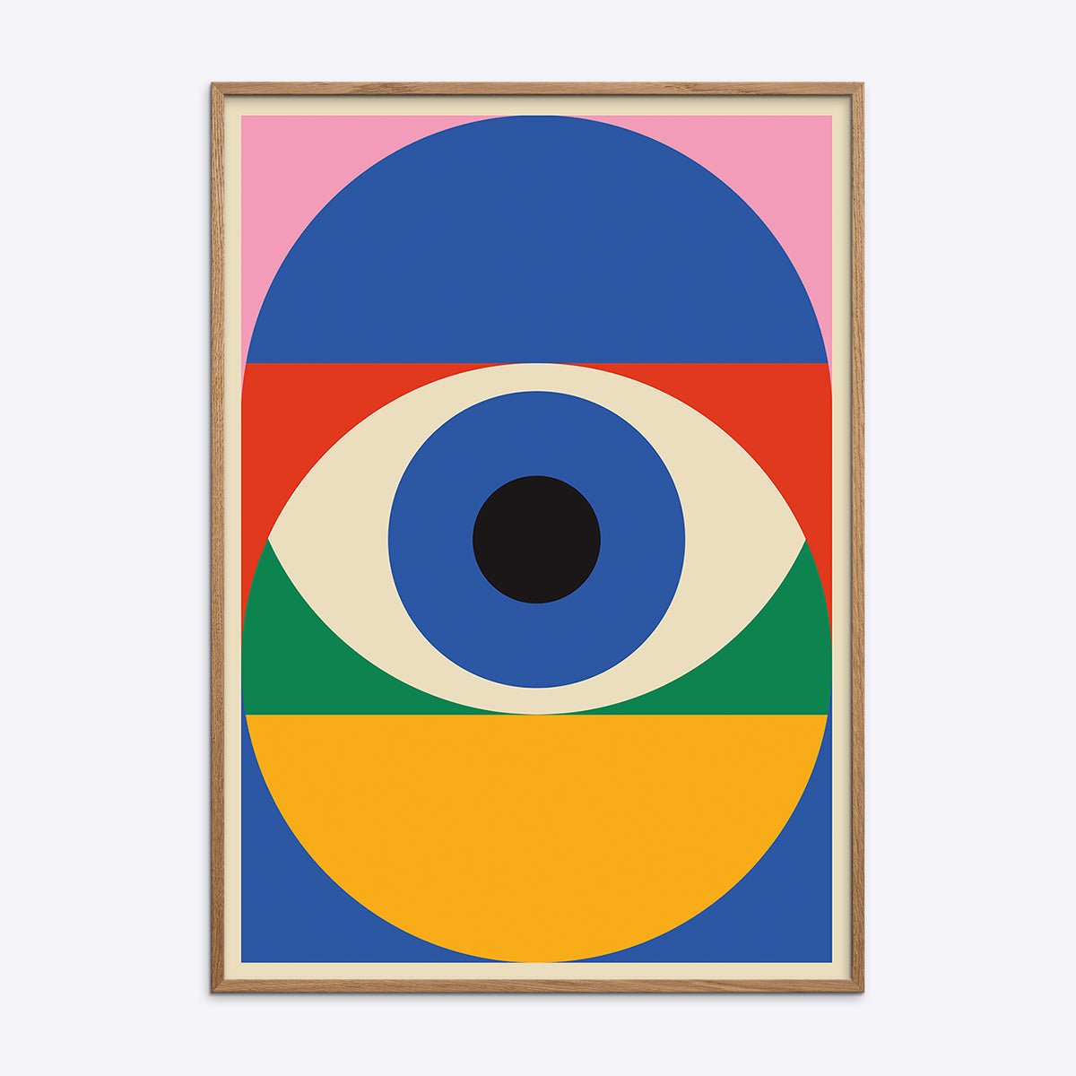 Bauhaus plakat i egetræsramme med geometriske former og farver, ideel til moderne indretning og kunstelskere.