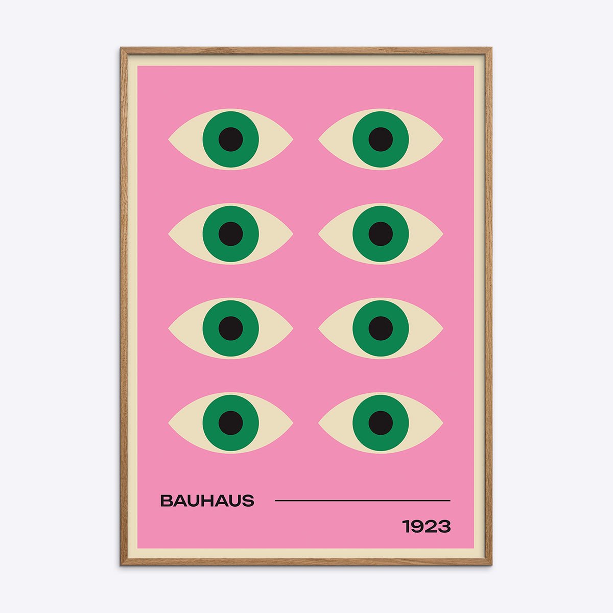 Bauhaus plakat i pink med geometriske former i træramme. Perfekt til moderne indretning og kunstelskere.
