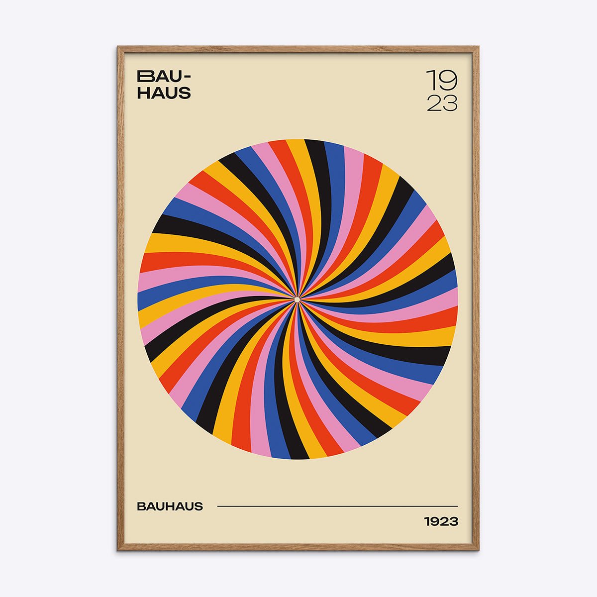Bauhaus plakat i egetræsramme med geometriske former og farver, ideel til moderne indretning og kunstelskere