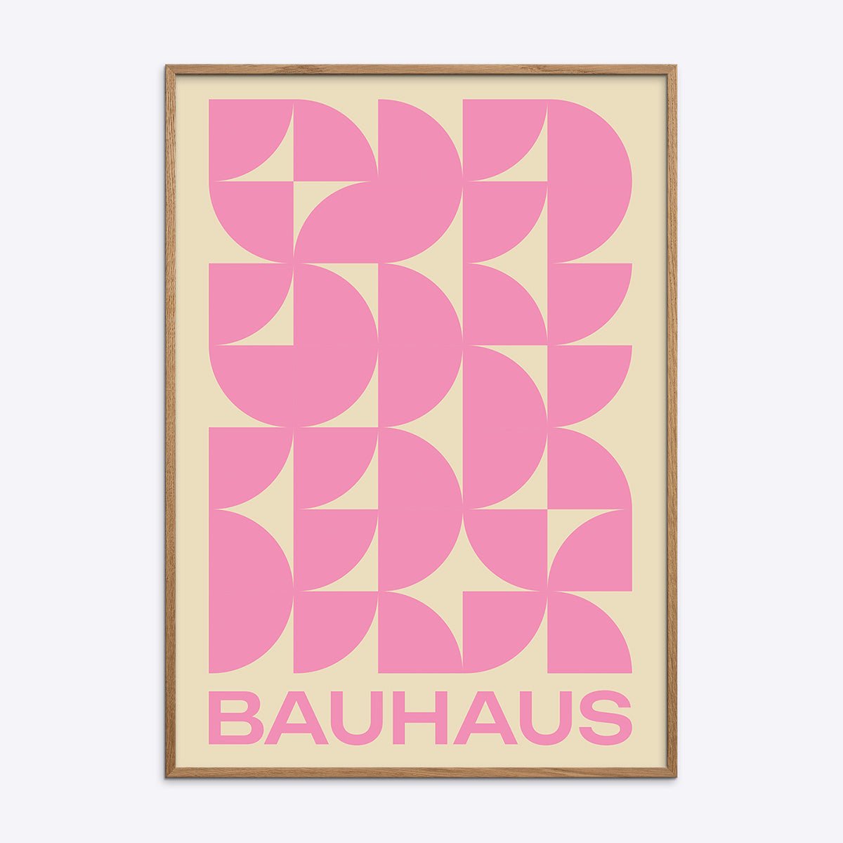 Bauhaus plakat i pink med geometriske former i træramme, moderne kunstdesign til stilfuld indretning.