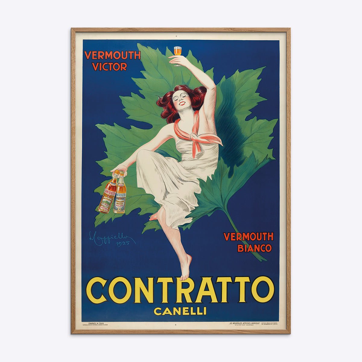 Plakat af Leonetto Cappiello med farverigt motiv fra Contratto Canelli, indrammet i naturlig træramme.