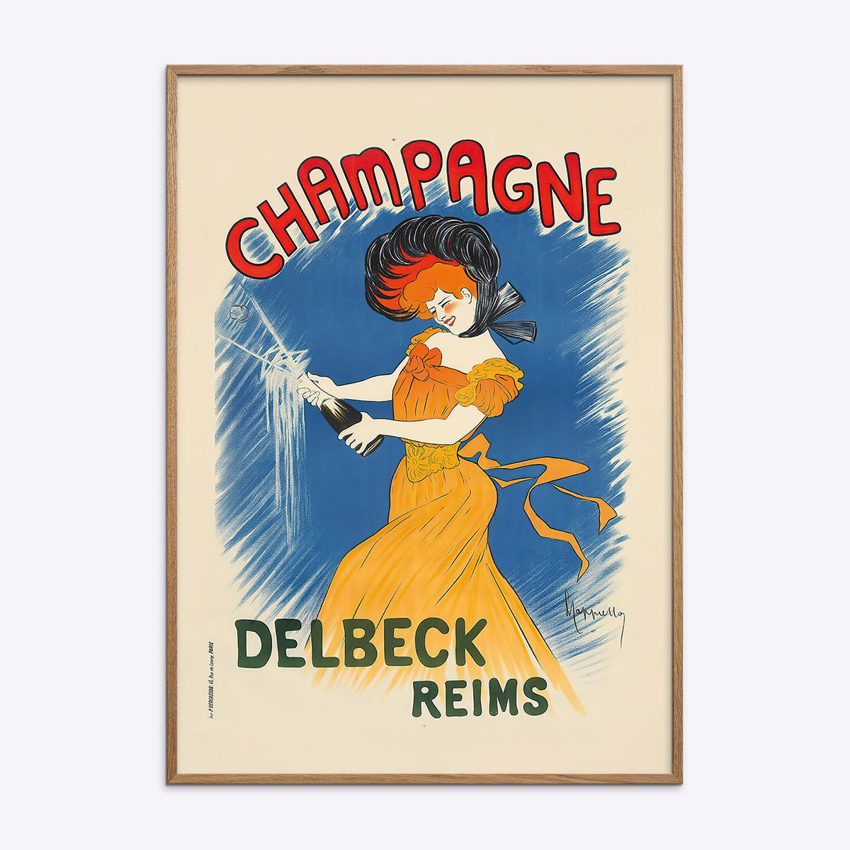 Plakat af Leonetto Cappiello med Champagne Delbeck motiv i en naturlig træramme, ideel til vægdekoration.