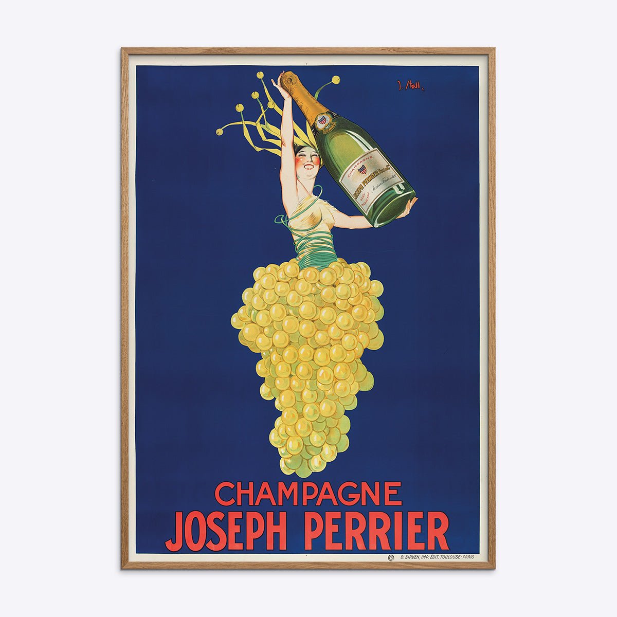 Plakat med elegant design af Champagne Joseph Perrier i naturtræramme, perfekt til vinelskere og stilfuld indretning.