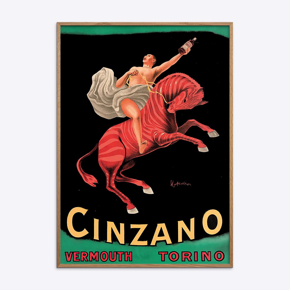 Plakat med vintage Leonetto Cappiello Cinzano Vermouth Torino motiv i naturtræsramme, perfekt til retro-indretning.