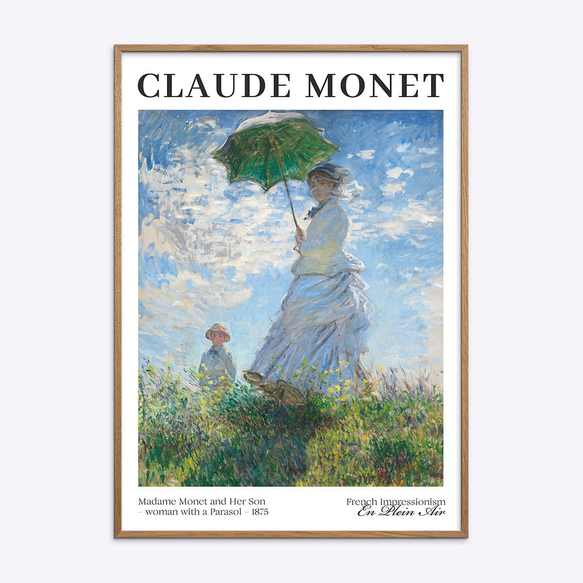 Plakat af Claude Monet med Madame Monet og hendes søn, dreng og kvinde med paraply i impressionistisk natur.
