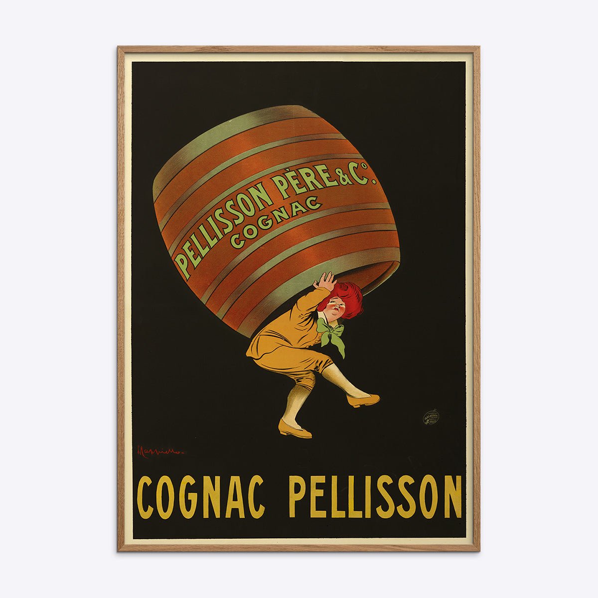 Plakat med vintage Leonetto Cappiello design af Cognac Pellisson i egetræsramme, ideel til klassisk indretning.