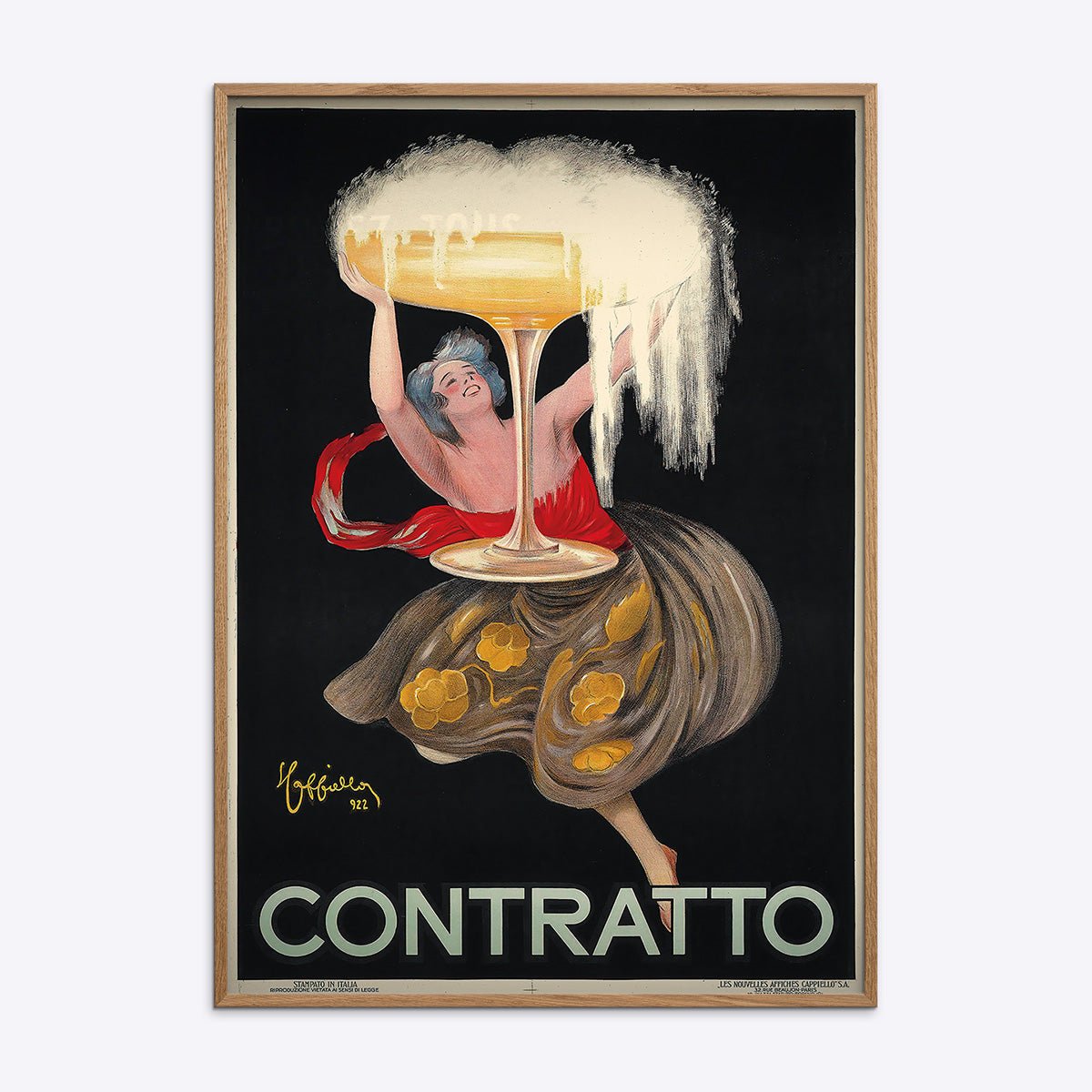 Plakat af Leonetto Cappiello med vintage design i naturtræramme, perfekt til stilfuld indretning.