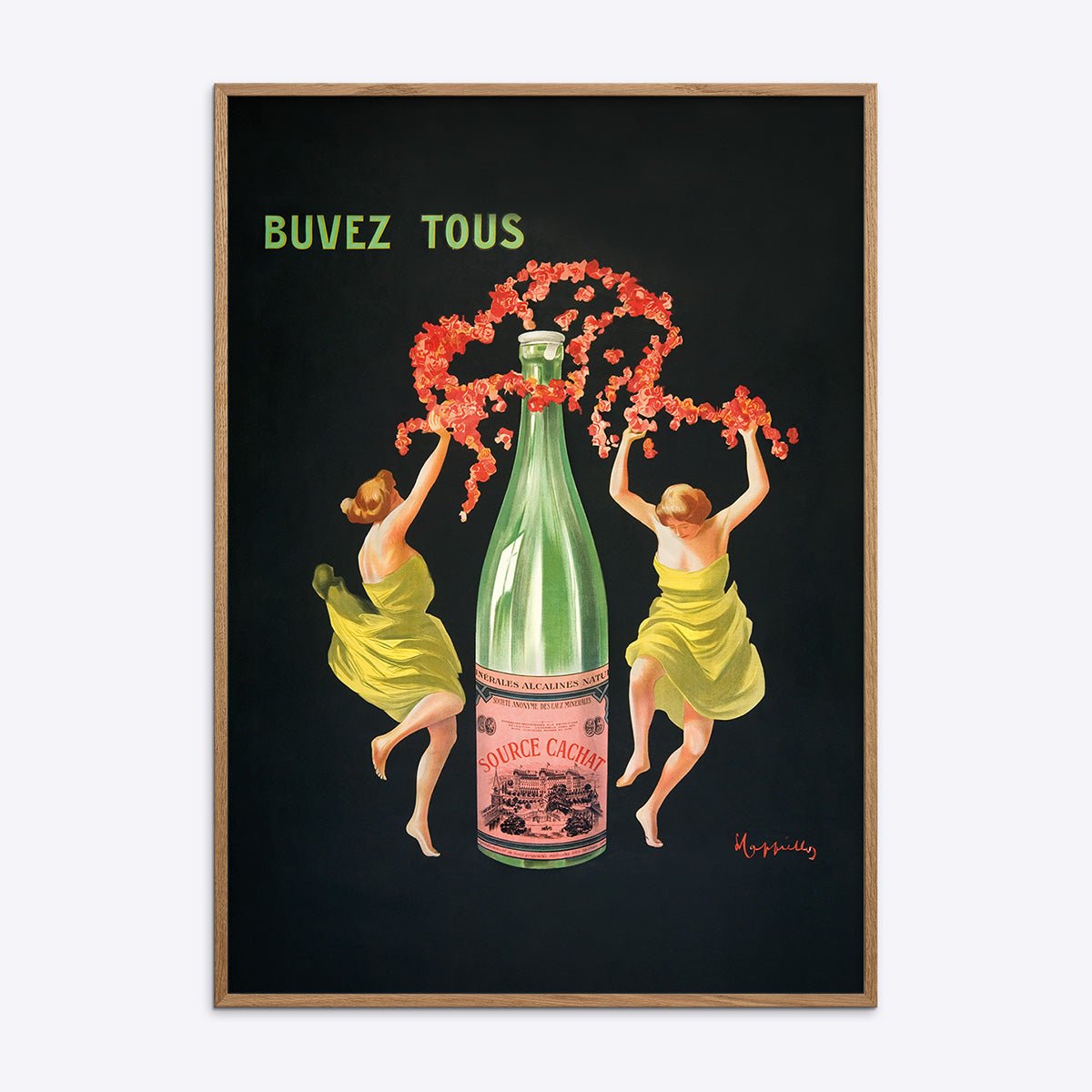 Plakat af Leonetto Cappiello med Evian Cachat motiv i naturtræsramme, ideel til kunstelskere og samlere.