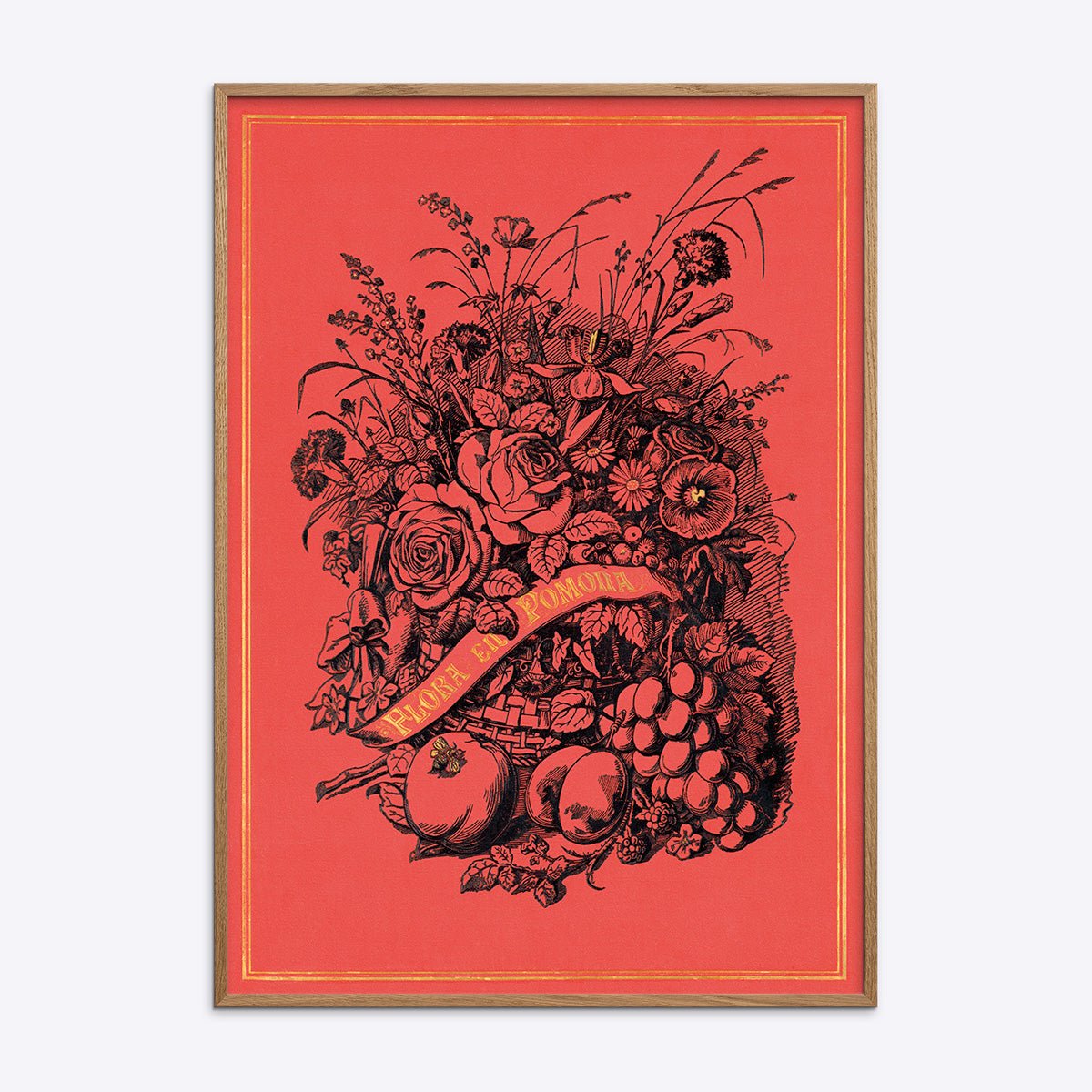 Plakat med botanisk motiv fra Flora en Pomona i naturlig træramme, perfekt til indretning med et grønt touch.