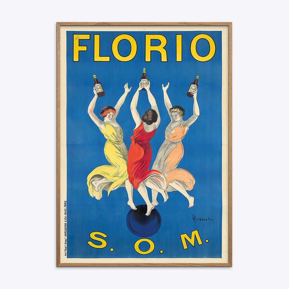 Plakat af Leonetto Cappiello med Florio-motiv i naturtræsramme, ideel til vintage kunstelskere.