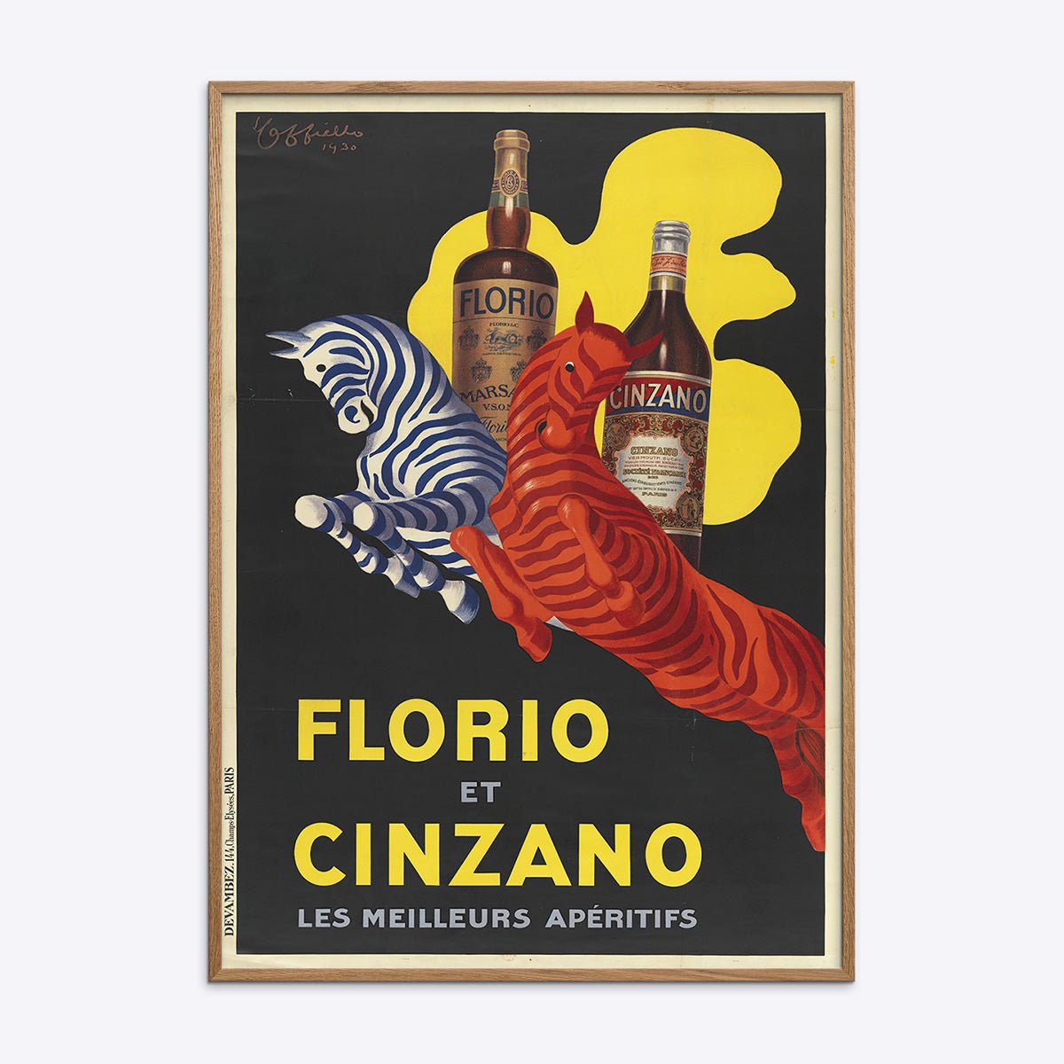 Plakat med vintage design af Leonetto Cappiello, der viser Florio og Cinzano i naturlig træramme.