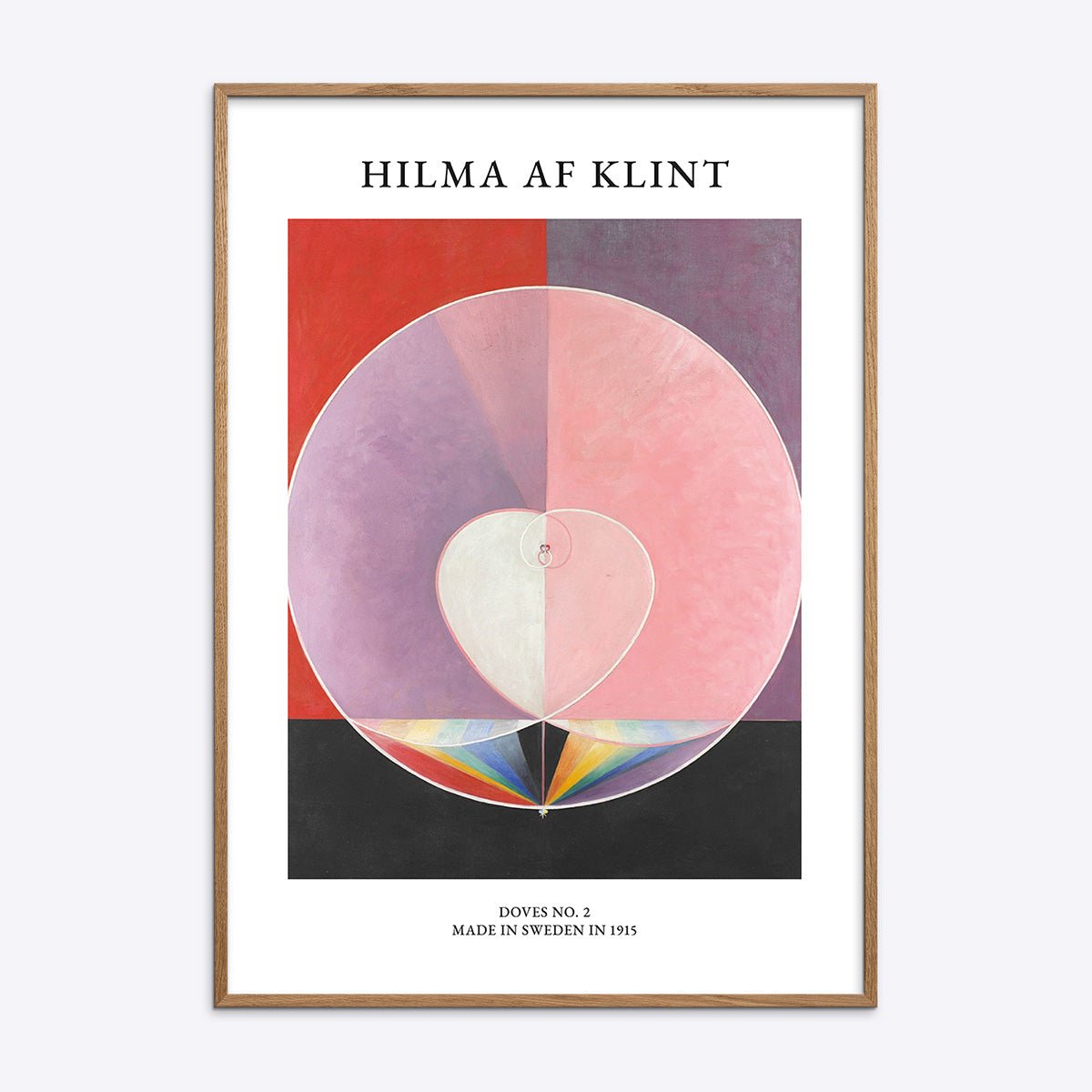 Plakat af Hilma af Klint med motivet Doves No. 2 i naturlig træramme, abstrakt kunst med bløde farver.