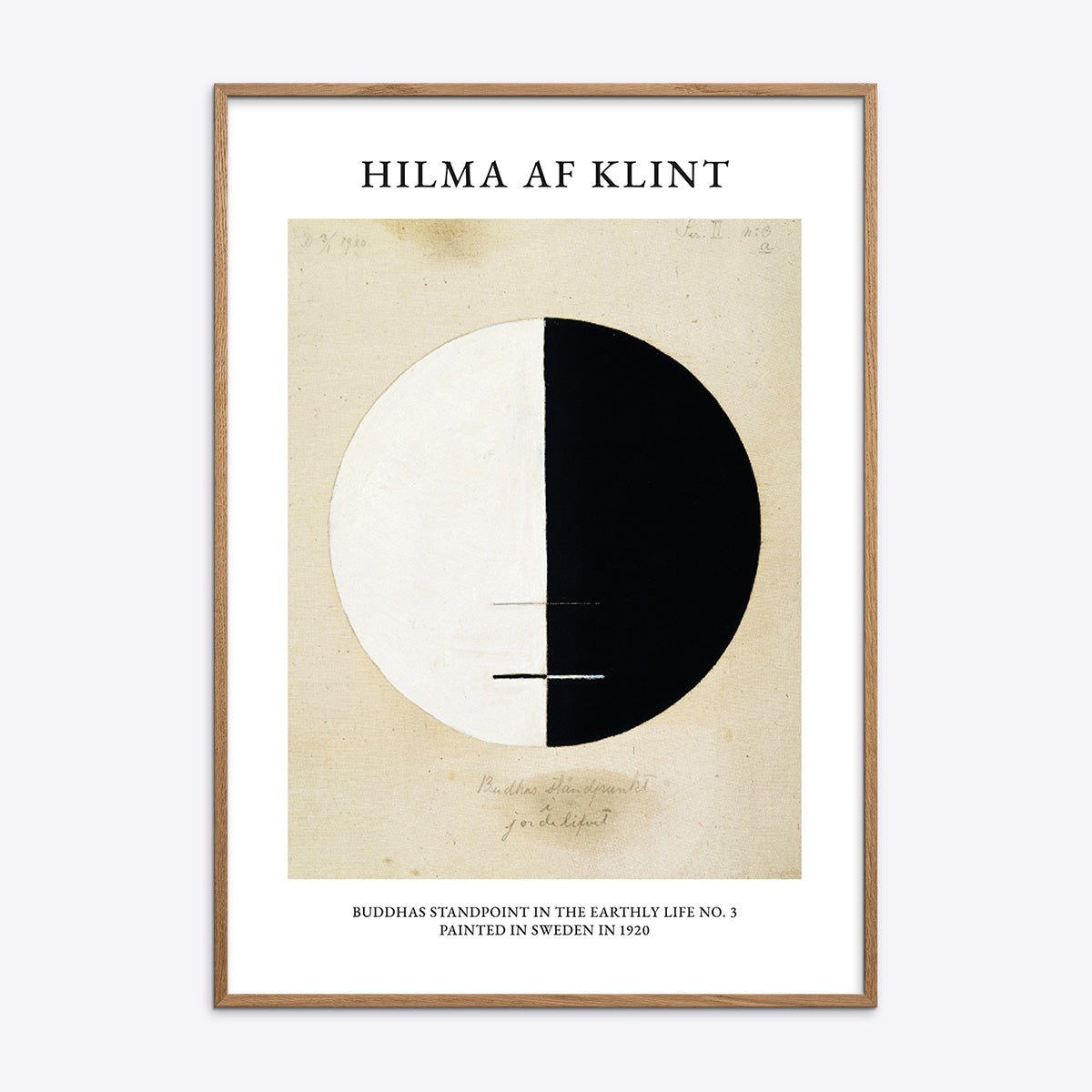 Plakat af Hilma af Klint med motivet Buddhas Standpoint in the Earthly Life No. 3 i naturlig træramme.