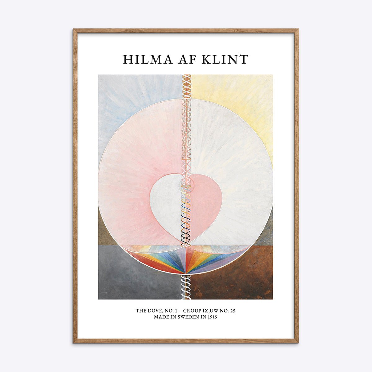 Plakat af Hilma af Klints The Dove No. 1 med abstrakte former og farver i naturlig træramme.