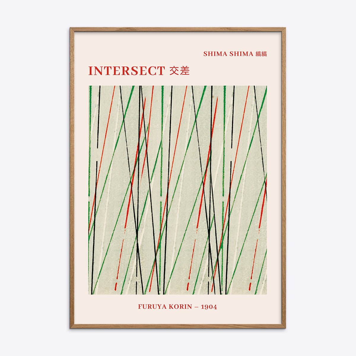 Abstrakt japansk kunstplakat Intersect af Furuya Korin i ramme af massivt egetræ.