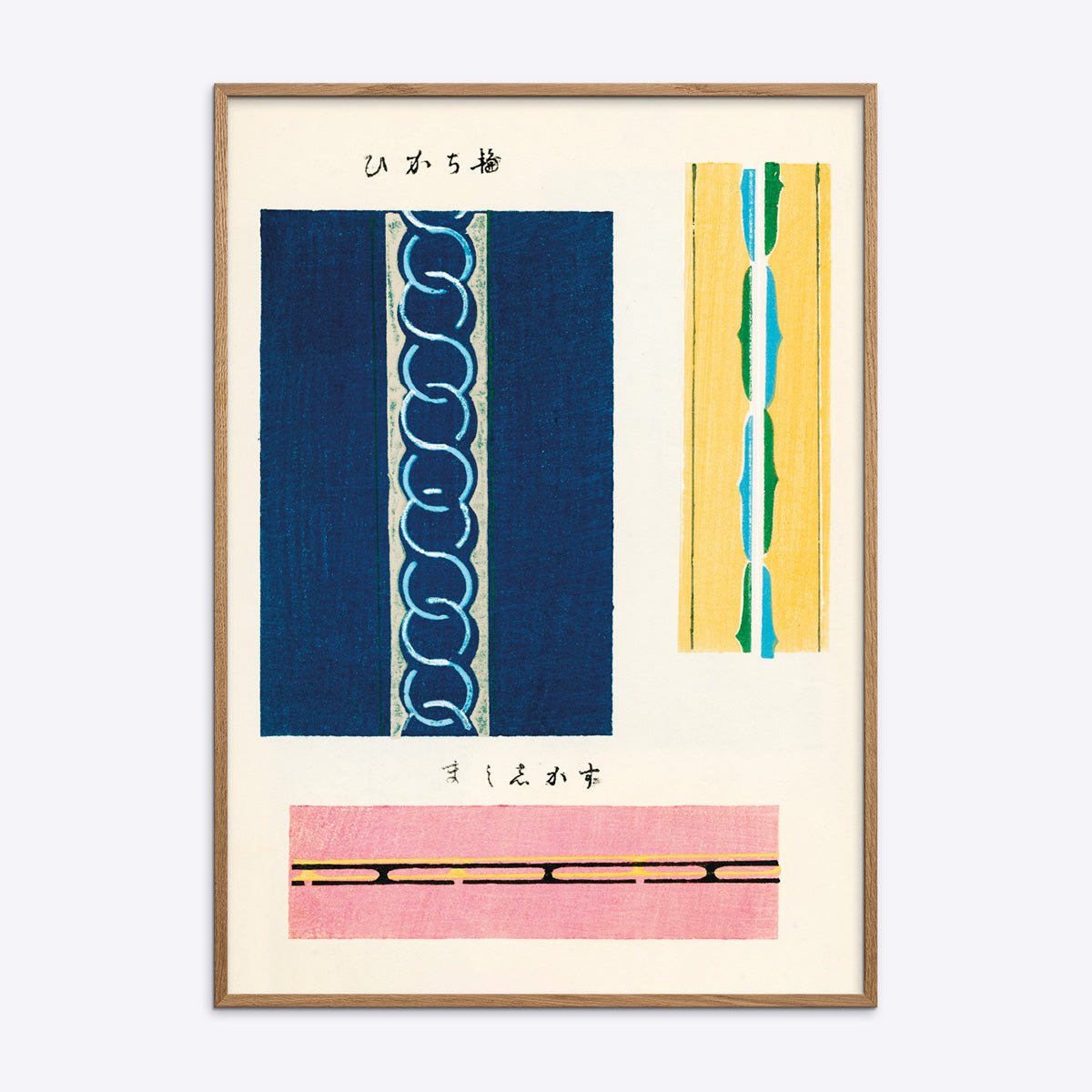 Plakat i egetræsramme med japansk kunst, mønstre i blå, gul og pink farver.