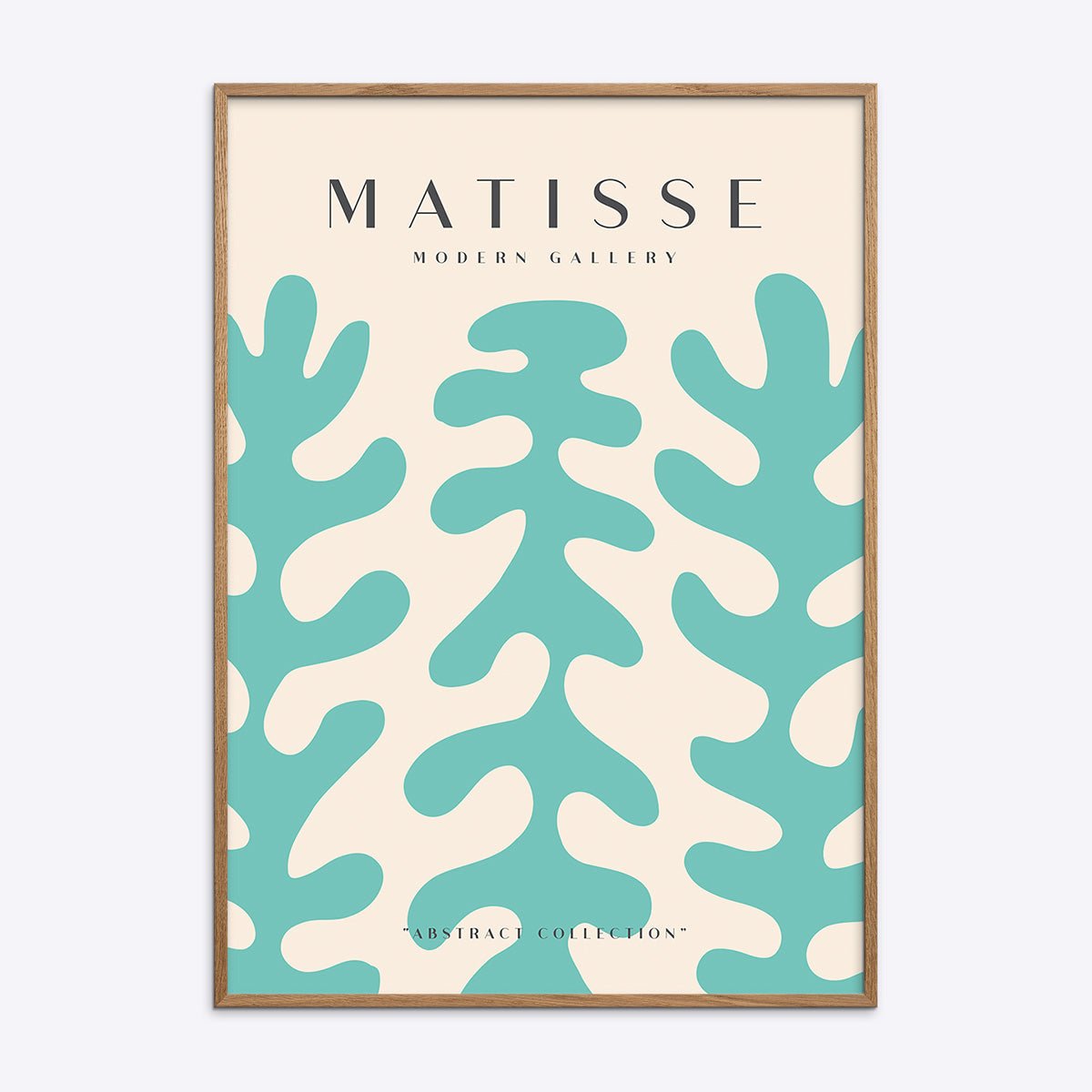 Matisse Modern Gallery plakat i egetræsramme med abstrakte turkise korallignende former.