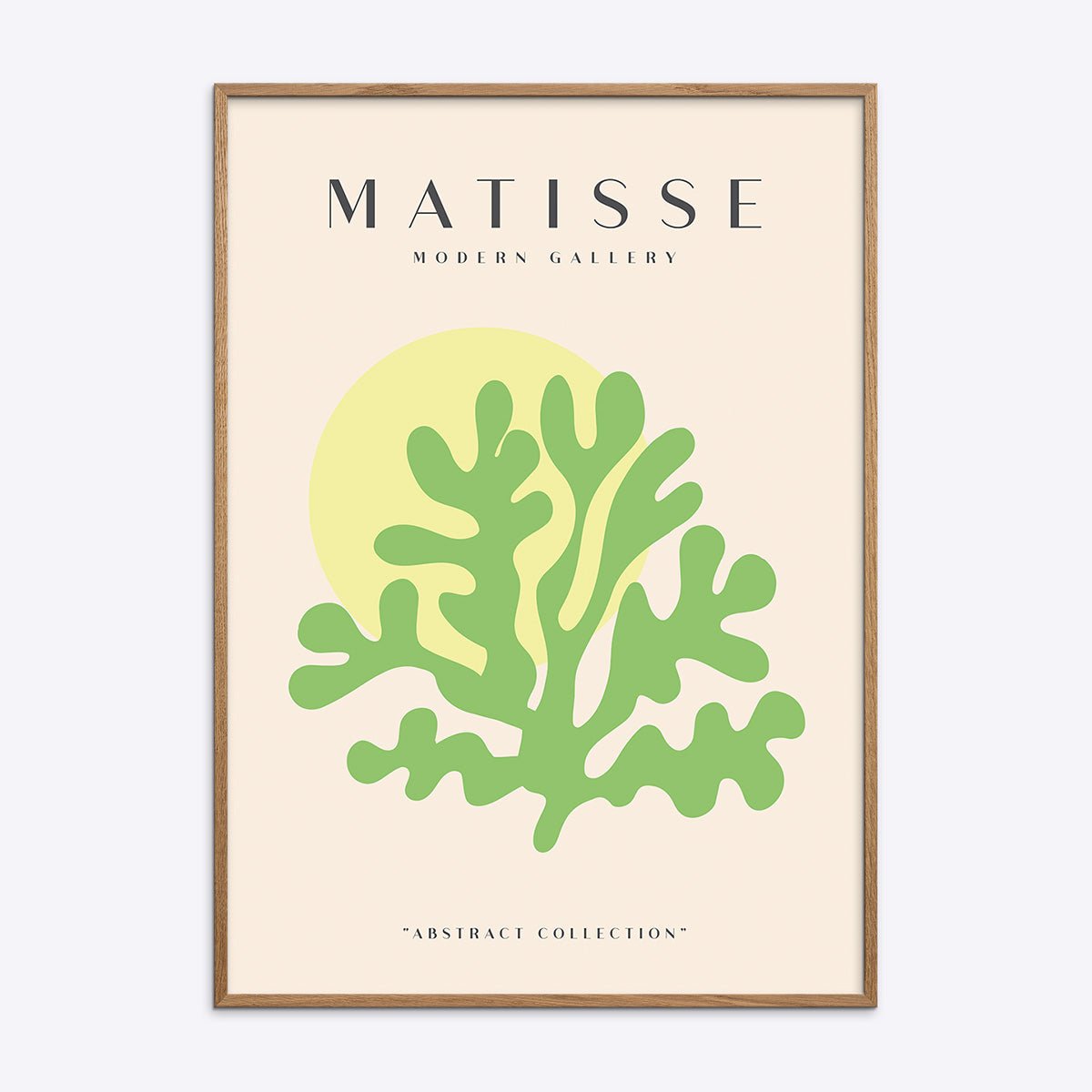 Matisse Modern Gallery NO12 kunstplakat i egetræsramme med grøn planteform og gul cirkel.