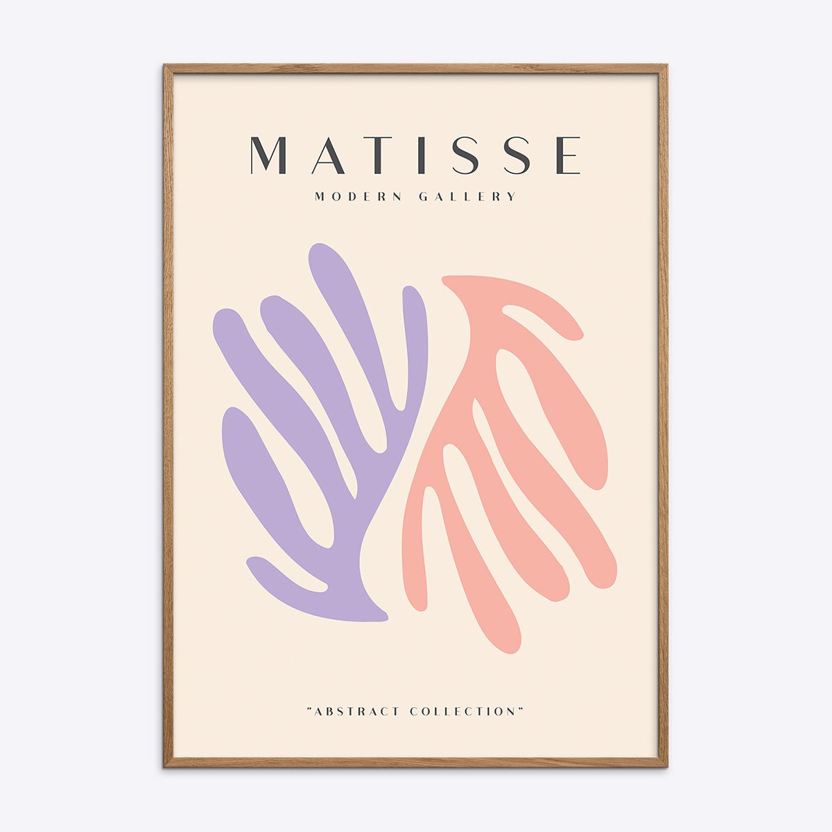 Matisse Modern Gallery NO3 plakat i lys natur egetræsramme med abstrakte former i lilla og rosa.