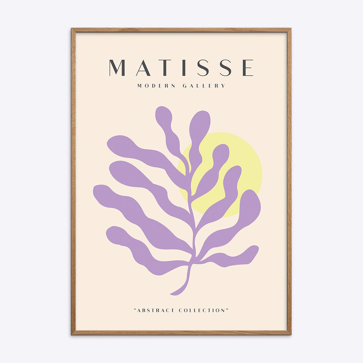 Matisse Modern Gallery plakat med lilla plante og gul cirkel i egetræsramme
