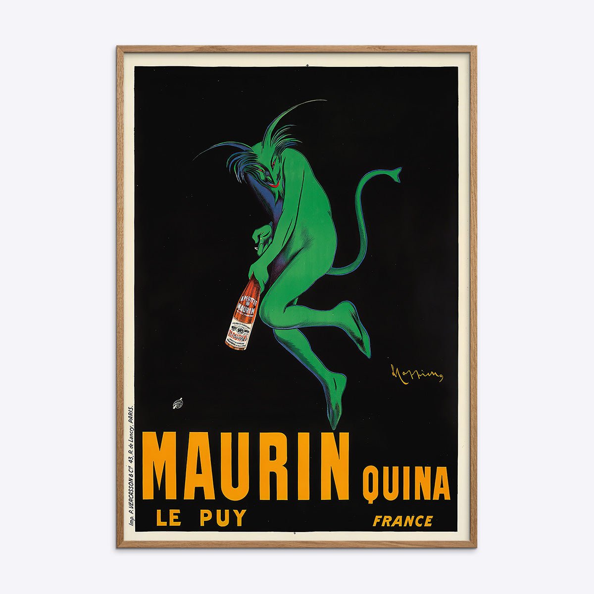 Plakat af Leonetto Cappiello med Maurin Quina motiv i naturtræsramme, ideel til vintage kunstelskere.
