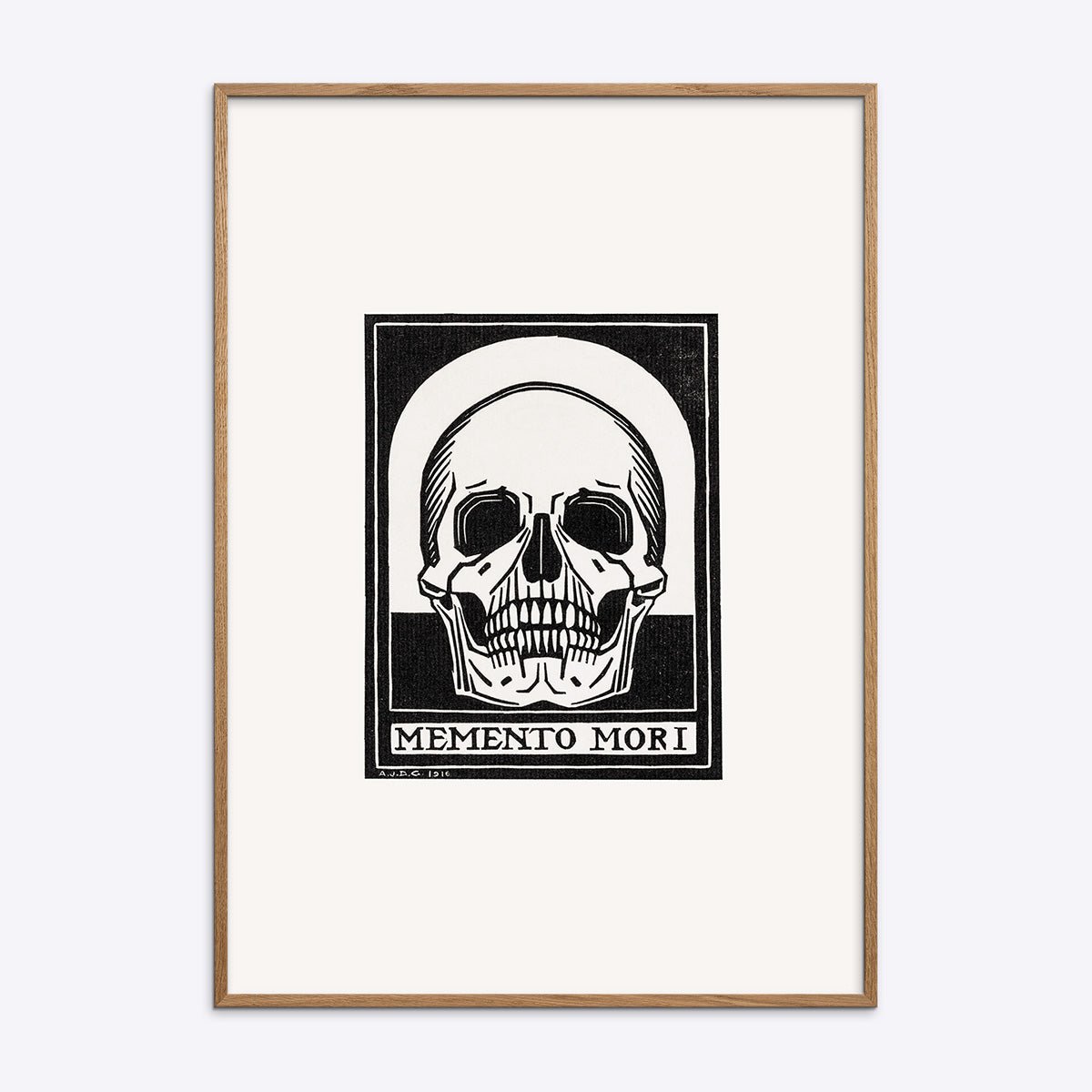 Plakat i egetræsramme med sort-hvidt Memento Mori kranie motiv