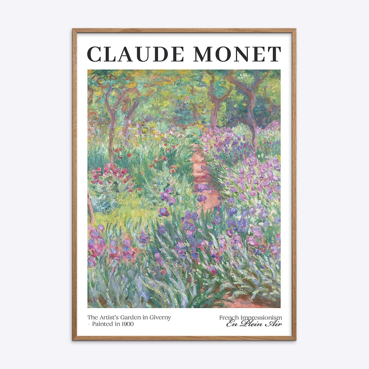Claude Monet kunstplakat med "The Artist's Garden in Giverny" i træramme.
