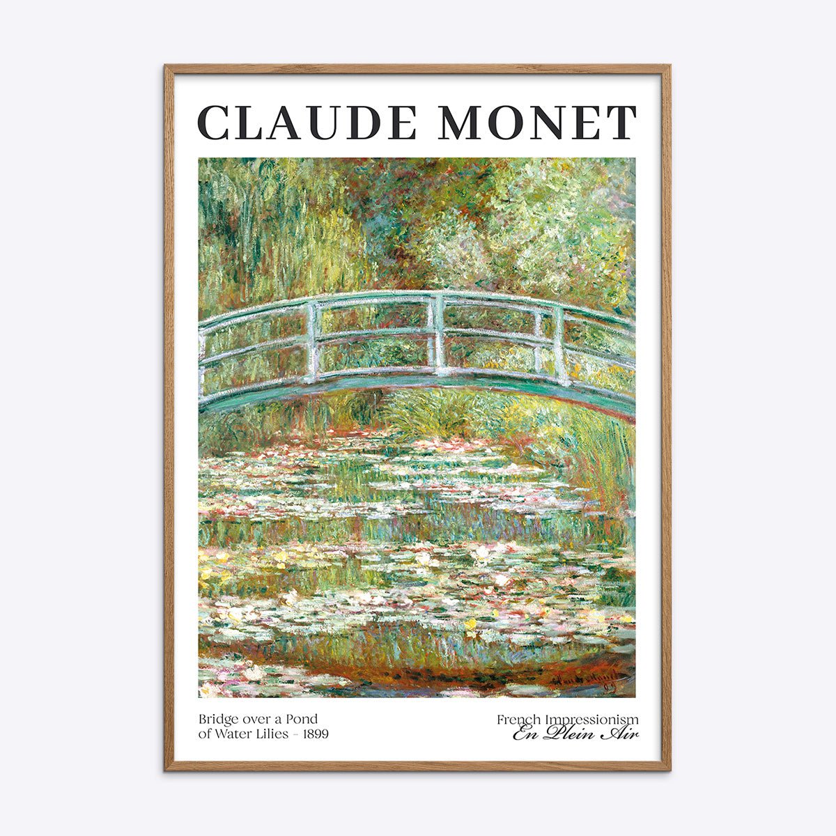 Claude Monet bro over åkandebassin, fransk impressionisme plakat i træramme.