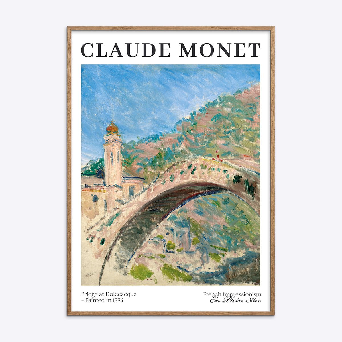 Monet Bridge at Dolceacqua kunstplakat i egetræsramme, impressionistisk maleri