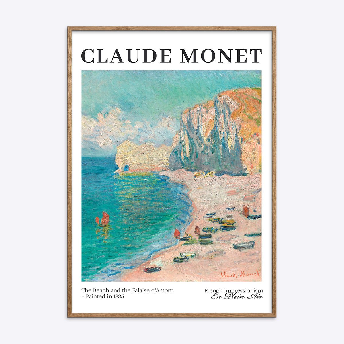 Claude Monet strand og Falaise d'Amont maleri i træramme.