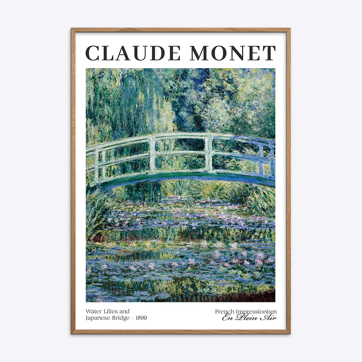 Plakat med Claude Monets åkander og japanske bro, i egetræsramme.