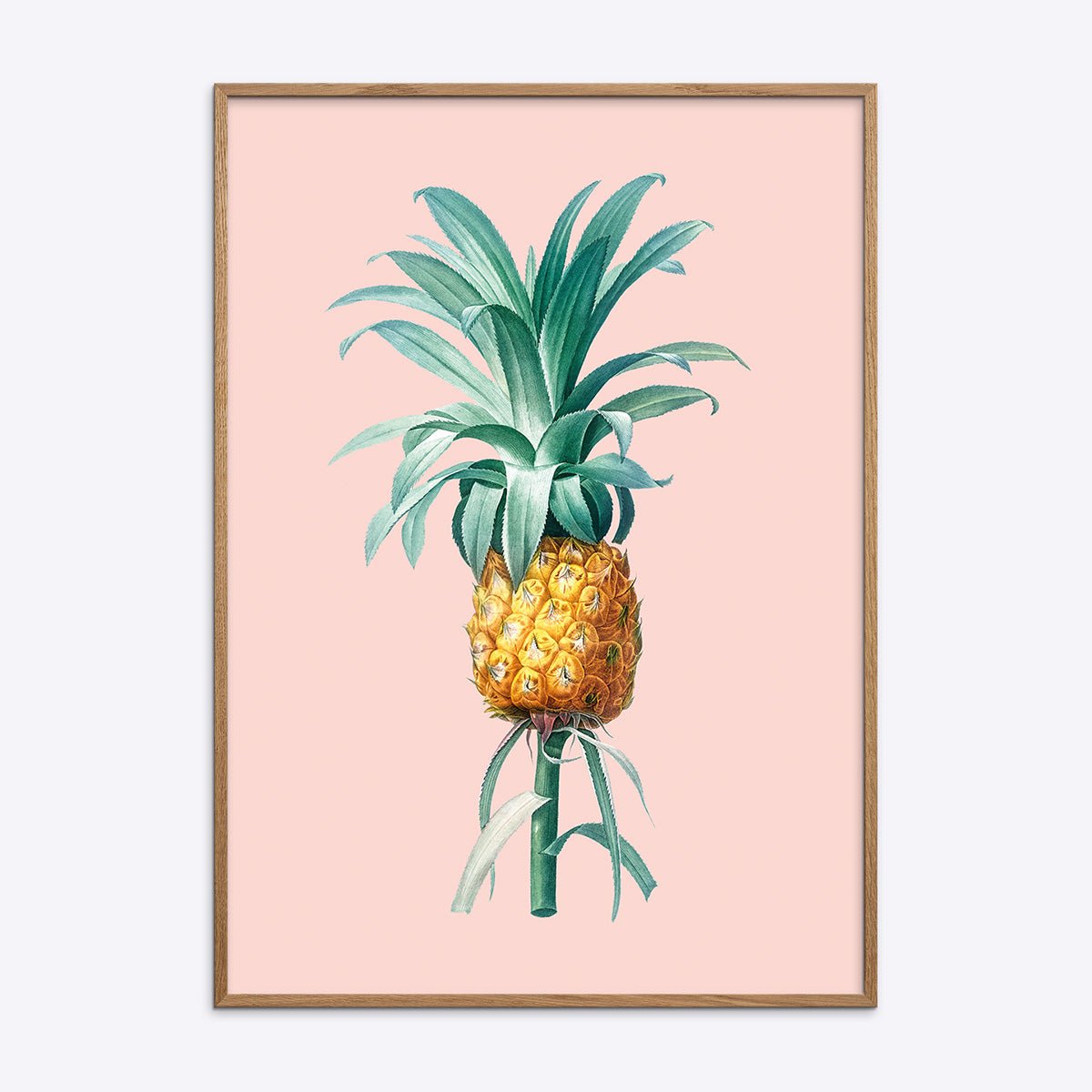 Plakat med ananas på lyserød baggrund i egetræsramme